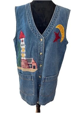 Haik’s vintage 1990s denim appliqué ladies vest size large folk art 100% cotton